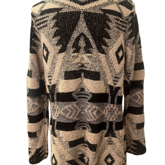 Lucky Brand Bali Aztec Long Open Cardigan Sweater Black Tan Large Chic Textured - Picture 3 of 5